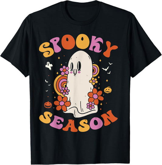 Halloween Groovy Spooky Season Ghost Floral Hippie Vintage T-Shirt