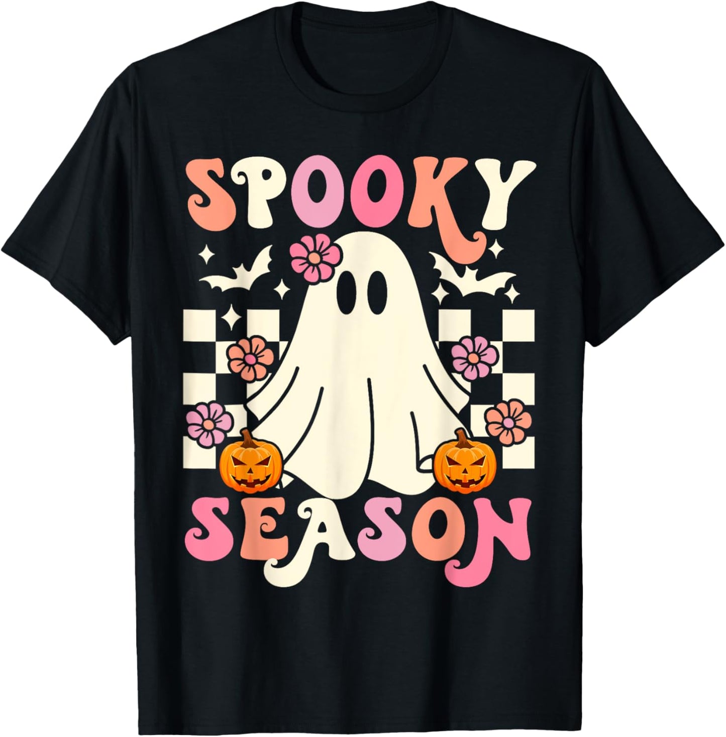 Groovy Spooky Season Cute Ghost Pumpkin Halloween Womens T-Shirt