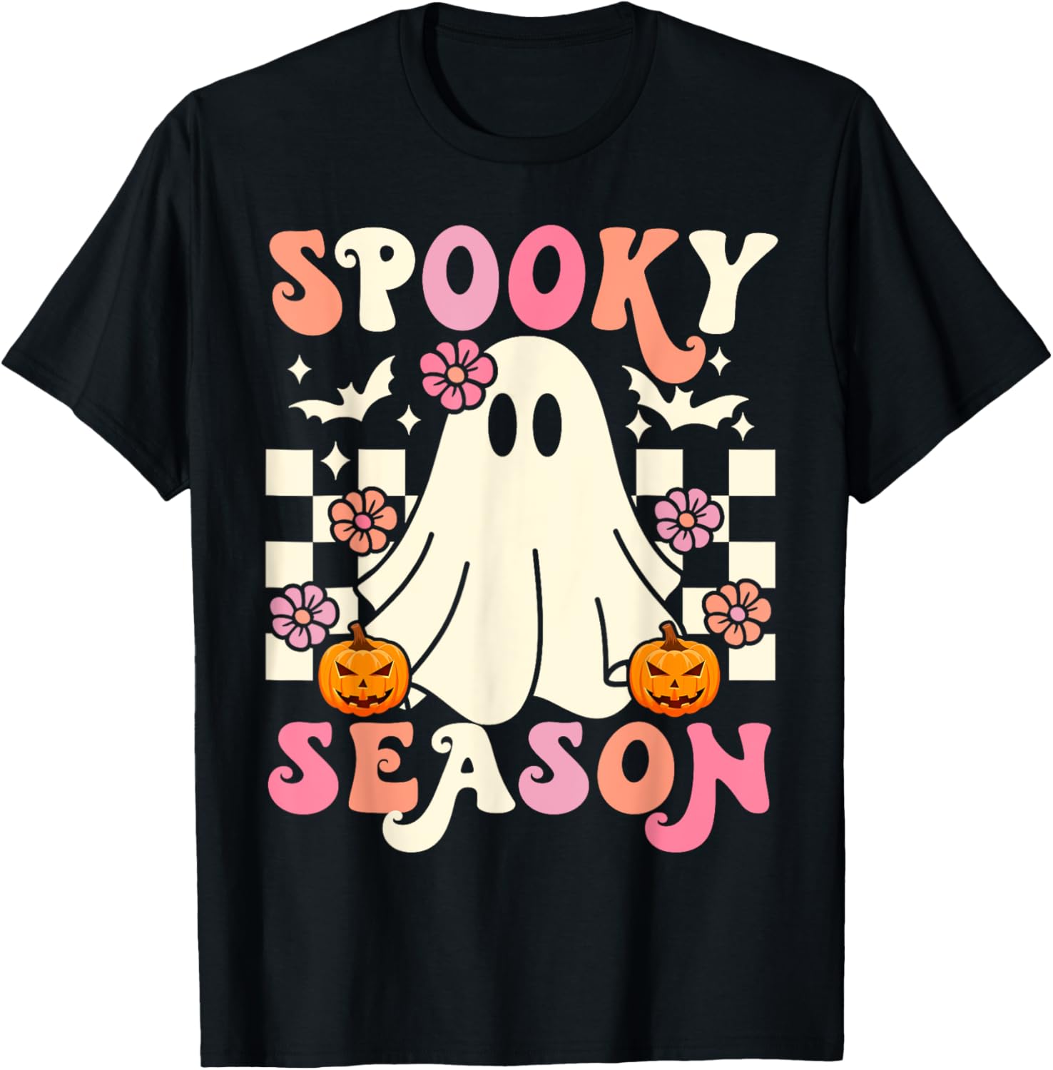 Groovy Spooky Season Cute Ghost Pumpkin Halloween Womens T-Shirt