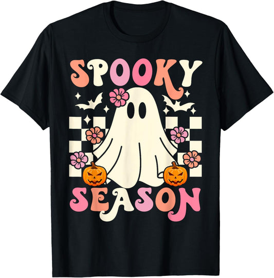 Groovy Spooky Season Cute Ghost Pumpkin Halloween Womens T-Shirt