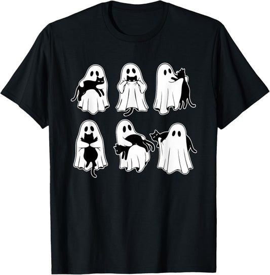 Halloween Ghost Cat Spooky Season Retro Fall Black Cat Lover T-Shirt