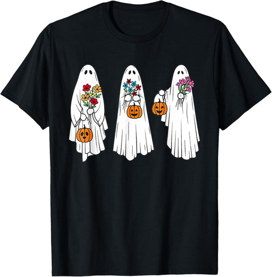 Groovy Vintage Floral Ghost Cute Halloween Spooky Season T-Shirt