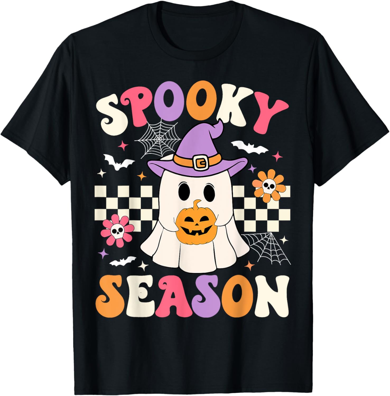 Groovy Spooky Season Retro Halloween Ghost Holding Pumpkin T-Shirt