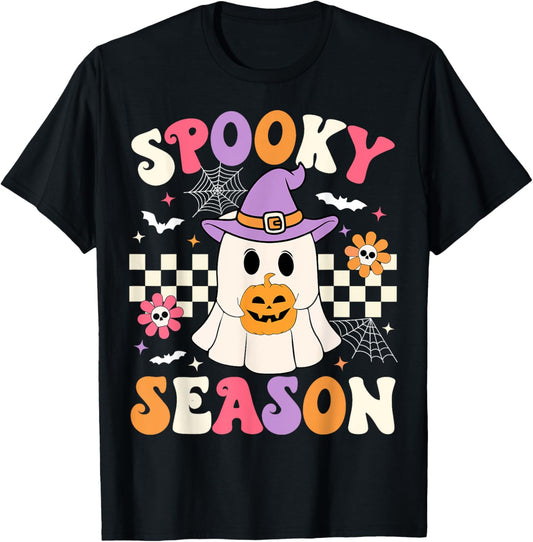 Groovy Spooky Season Retro Halloween Ghost Holding Pumpkin T-Shirt