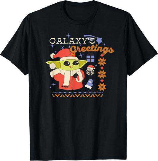 Amazon Essentials Men's The Mandalorian Grogu Christmas Holiday Galaxy's Greetings T-Shirt, Black Graphic Print, Small