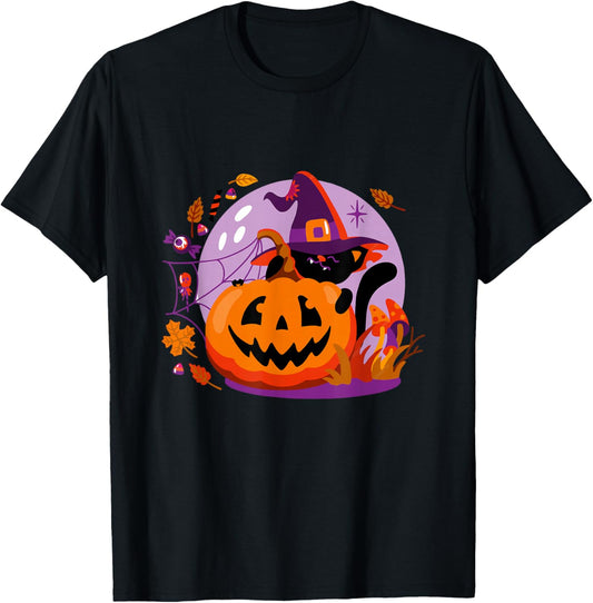 Halloween for Girls Women Boy Men Cat Spooky Season Pumpkin T-Shirt
