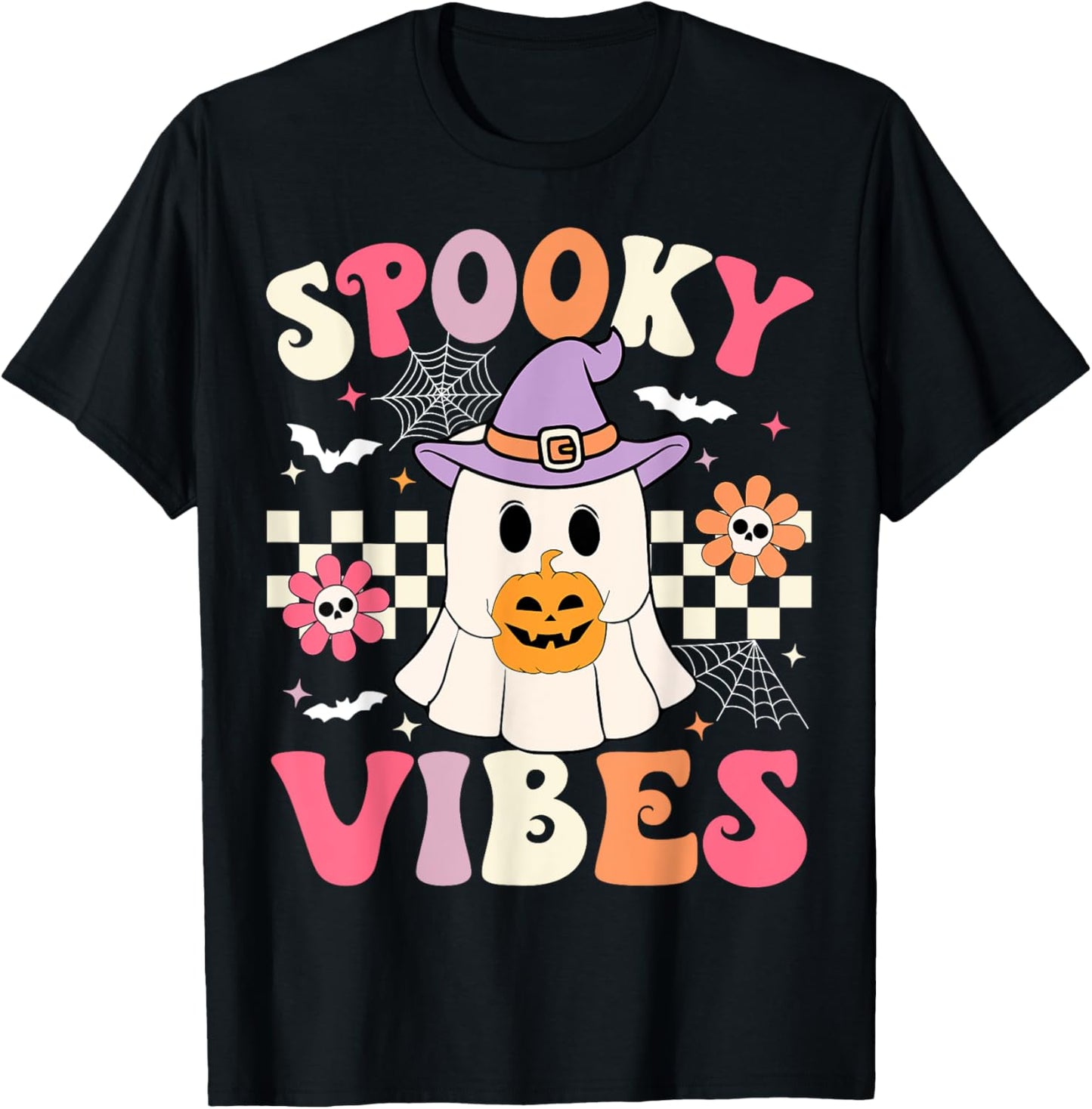 Groovy Spooky Vibes Retro Ghost Holding Pumpkin Halloween T-Shirt