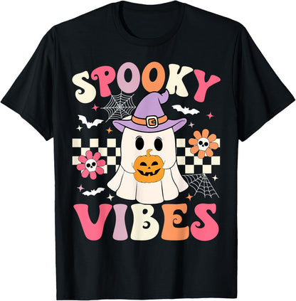 Groovy Spooky Vibes Retro Ghost Holding Pumpkin Halloween T-Shirt
