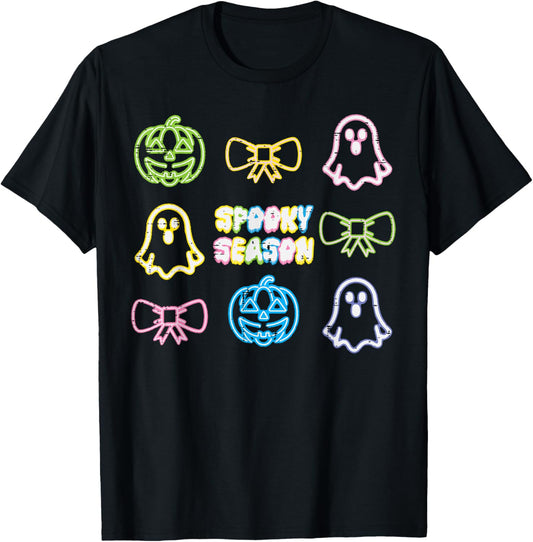 Halloween Pumpkin Ghost Bow Spooky Season Costume Girls Kids T-Shirt