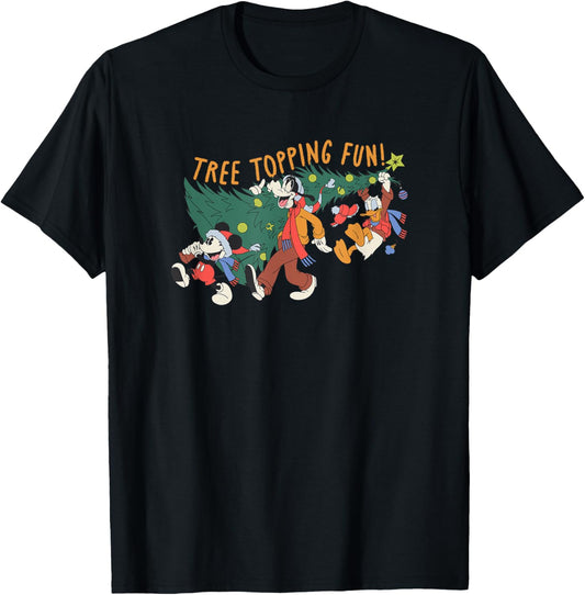 Amazon Essentials Men's Mickey Mouse Goofy and Donald Christmas Tree Topping Fun T-Shirt, Black Graphic Print, Small