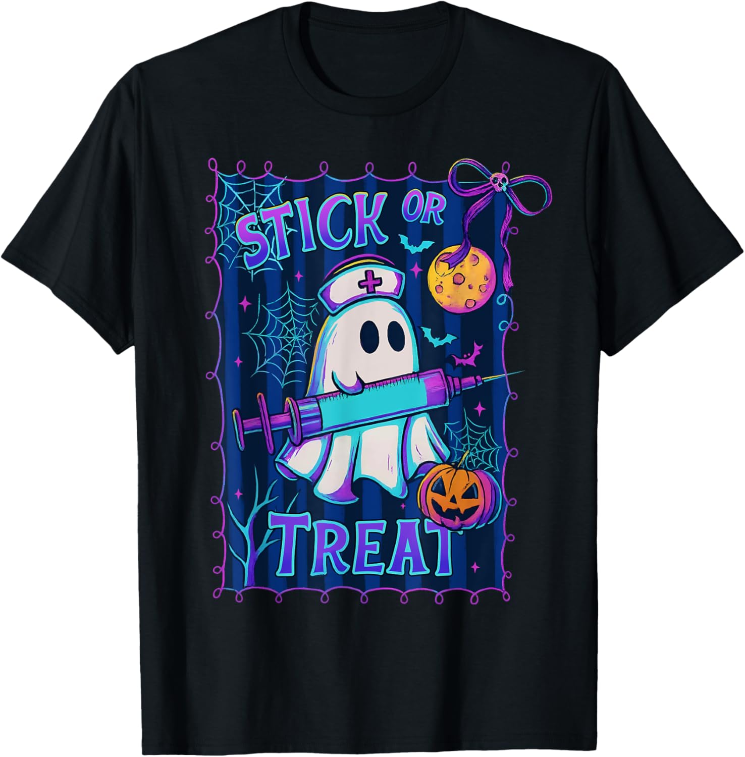 Halloween Stick Or Treat Funny Ghost Nurse Spooky Season T-Shirt
