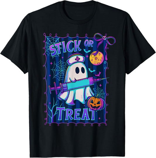 Halloween Stick Or Treat Funny Ghost Nurse Spooky Season T-Shirt