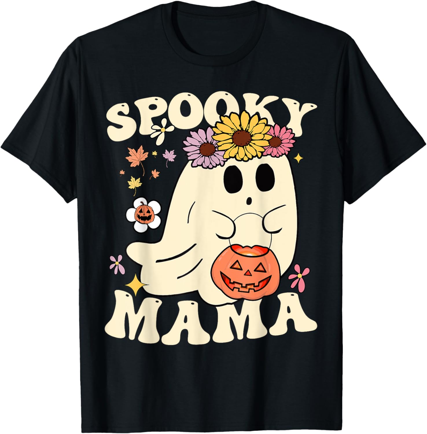 Groovy Spooky Mama Vibe Halloween Floral Ghost Spooky Season T-Shirt