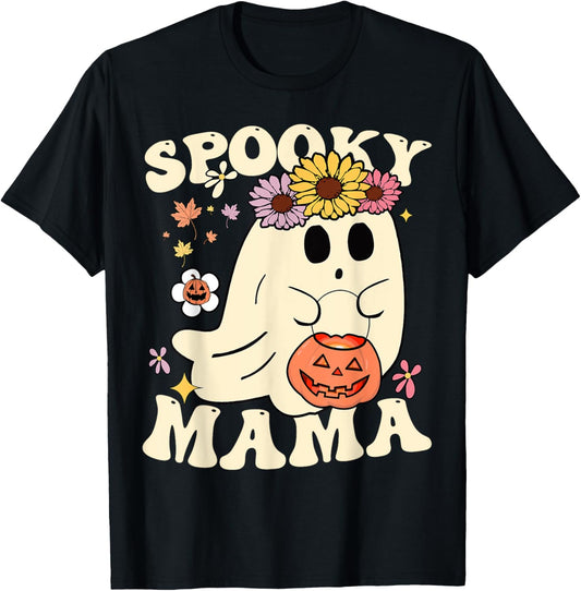 Groovy Spooky Mama Vibe Halloween Floral Ghost Spooky Season T-Shirt