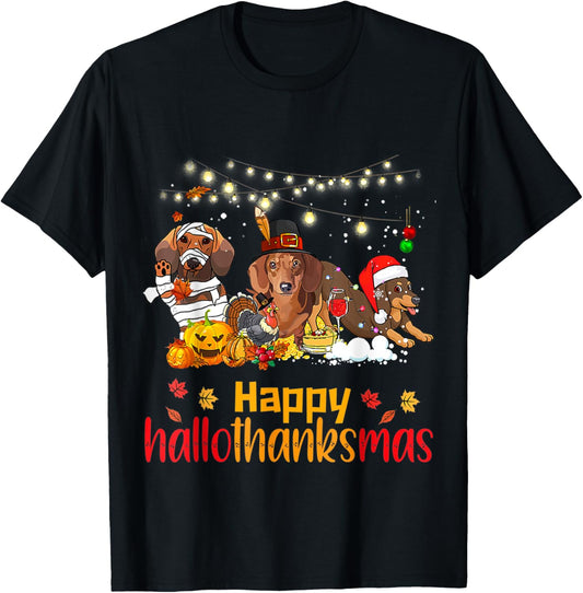 Halloween Christmas Happy Hallothanksmas Dachshund Dog Lover T-Shirt