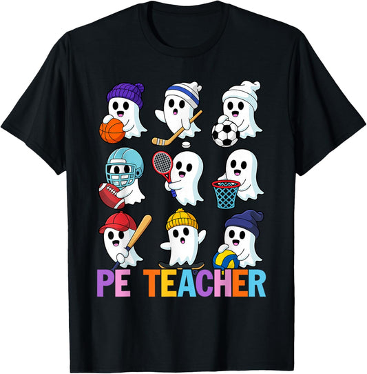 Halloween PE Teacher Ghost Playing Soccer Football Baseball T-Shirt
