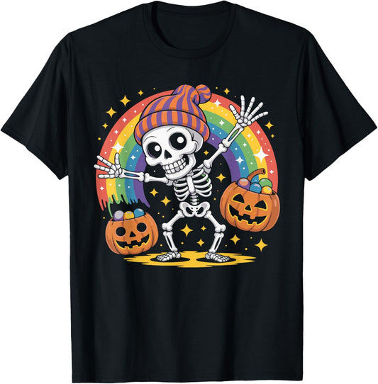 Halloween Rainbow Skeleton Pumpkin Trick or Treat Costume T-Shirt