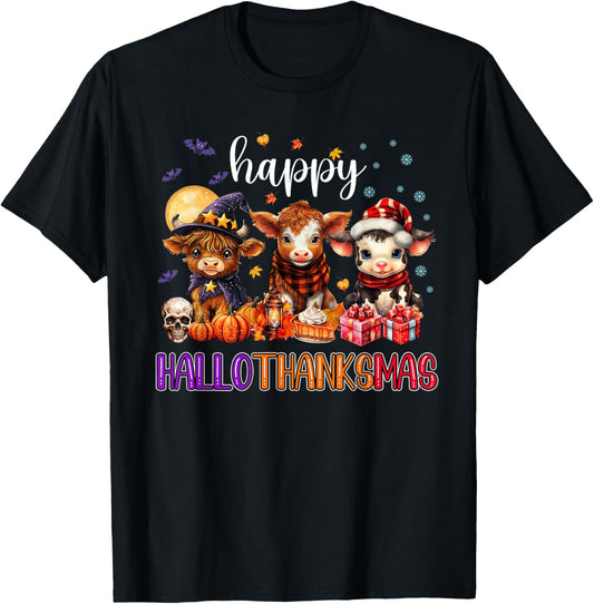 Halloween Thanksgiving Christmas Happy HalloThanksMas Cows T-Shirt