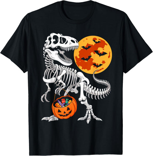 Halloween Dinosaur Skeleton T rex Pumpkin Moon Spooky Season T-Shirt