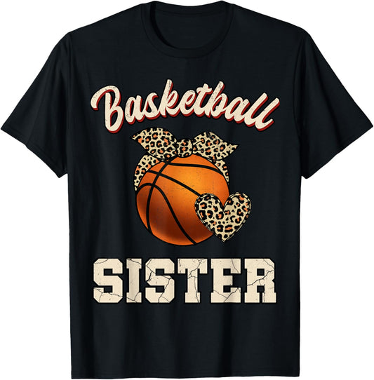 Basketball Sister Bandana Leopard Heart Fans Mother's Day T-Shirt