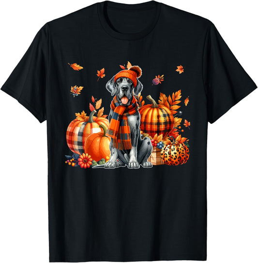Great Dane Thanksgiving Leopard Pumpkins Fall Leaves Lover T-Shirt