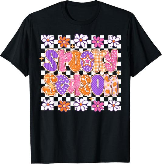 Groovy Spooky Season Floral Cute Ghost Halloween Flower T-Shirt