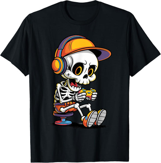 Halloween Skeleton Gamer Video Gaming Funny Spooky Season T-Shirt