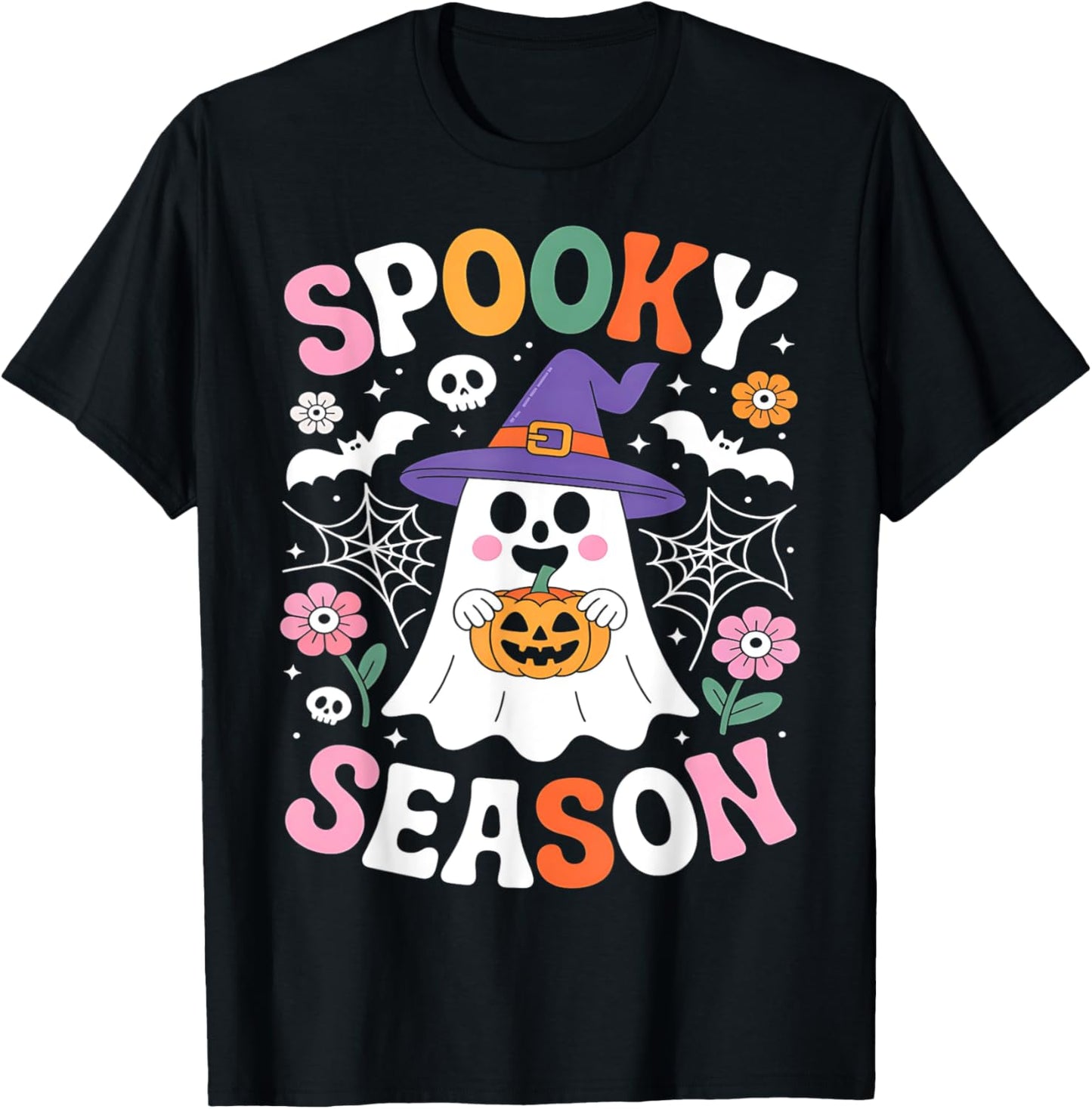 Groovy Spooky Season Retro Ghost Holding Pumpkin Halloween T-Shirt