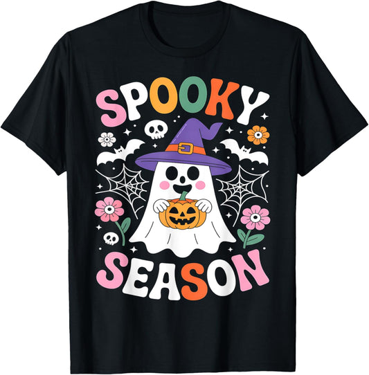 Groovy Spooky Season Retro Ghost Holding Pumpkin Halloween T-Shirt