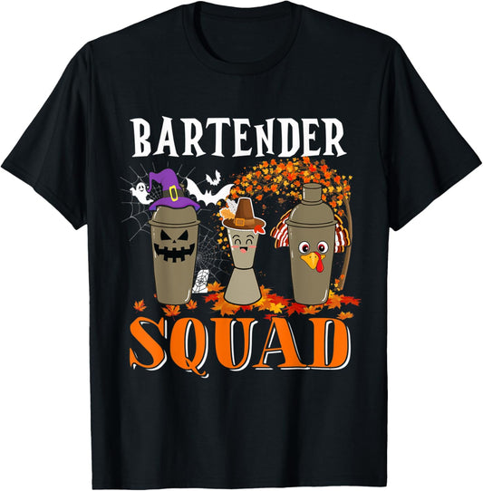 Bartender Squad Thanksgiving Halloween Fall Tre Boo Ghosts T-Shirt