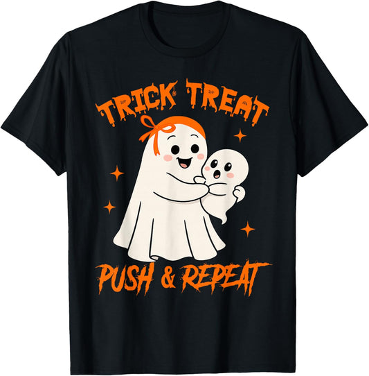Halloween Spooky L&amp;D Nurse Doula Trick Treats Push &amp; Repeat T-Shirt
