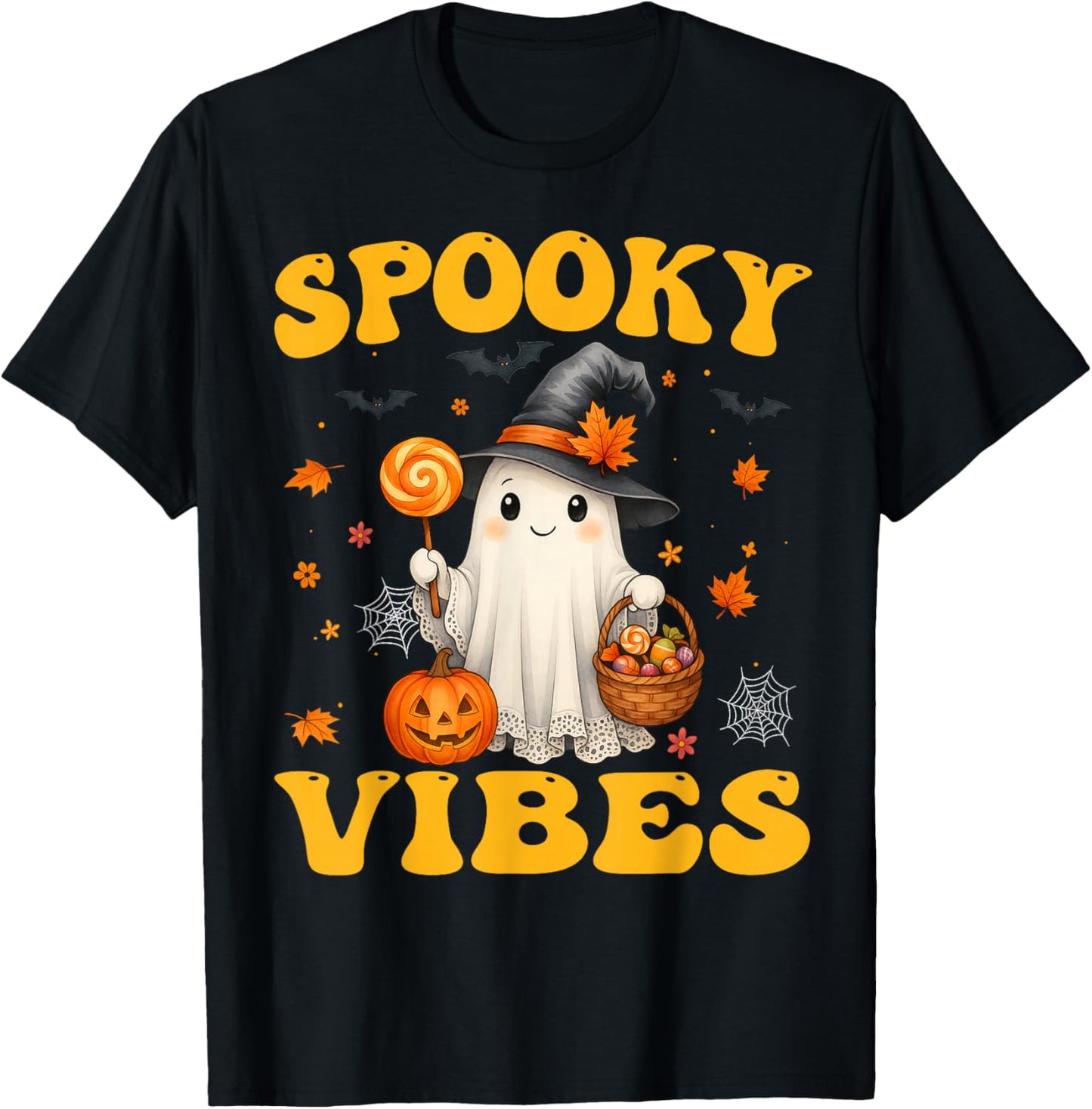 Groovy Spooky Vibes Retro Ghost Holding Pumpkin Halloween T-Shirt
