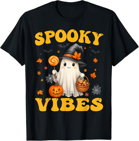 Groovy Spooky Vibes Retro Ghost Holding Pumpkin Halloween T-Shirt