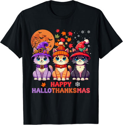 Halloween Thanksgiving Christmas Happy HalloThanksMas Cats T-Shirt