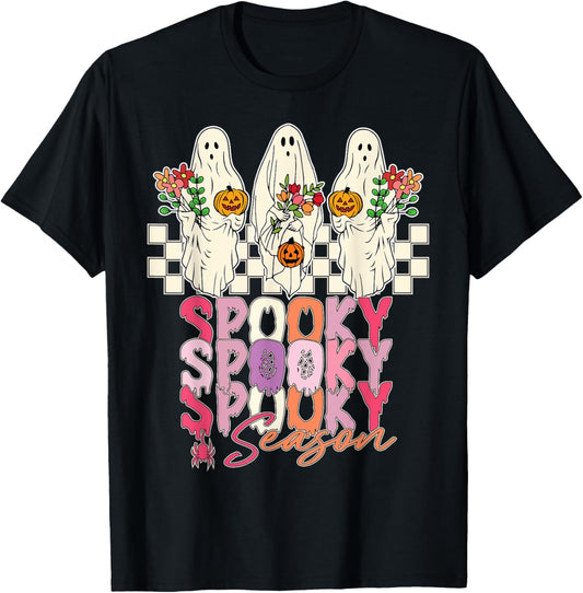 Groovy Floral Ghost Spooky Season Halloween T-Shirt