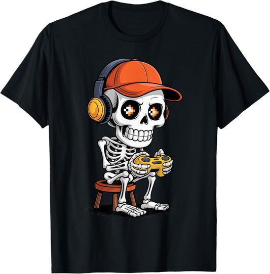 Halloween Skeleton Gamer Playing Video Games Spooky Season T-Shirt