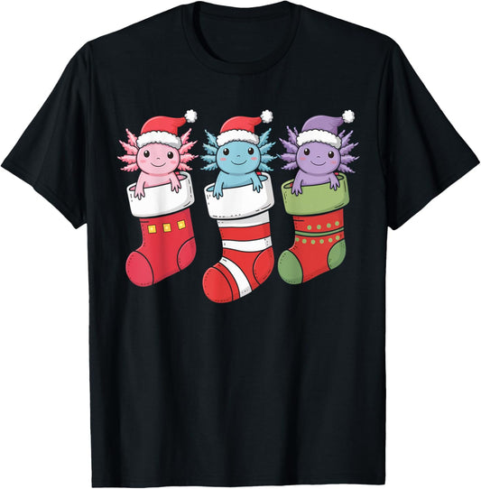 Axolotl Stocking Santa Hat Christmas Kawaii Holiday Xmas T-Shirt
