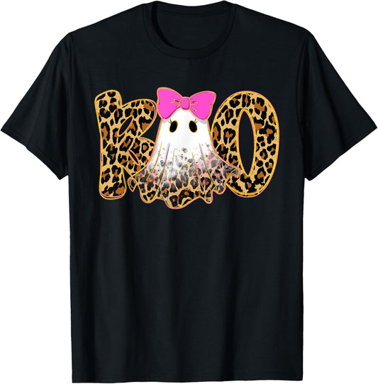 Halloween Floral Leopard Ghost Boo Funny Coquette Bow T-Shirt