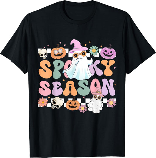 groovy spooky season cute ghost holding pumpkin halloween T-Shirt