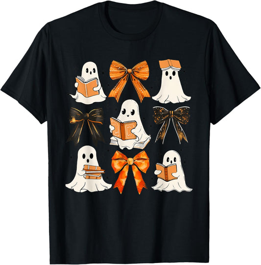 Halloween Boo Ghost Book Reader Coquette Spooky Season Retro T-Shirt