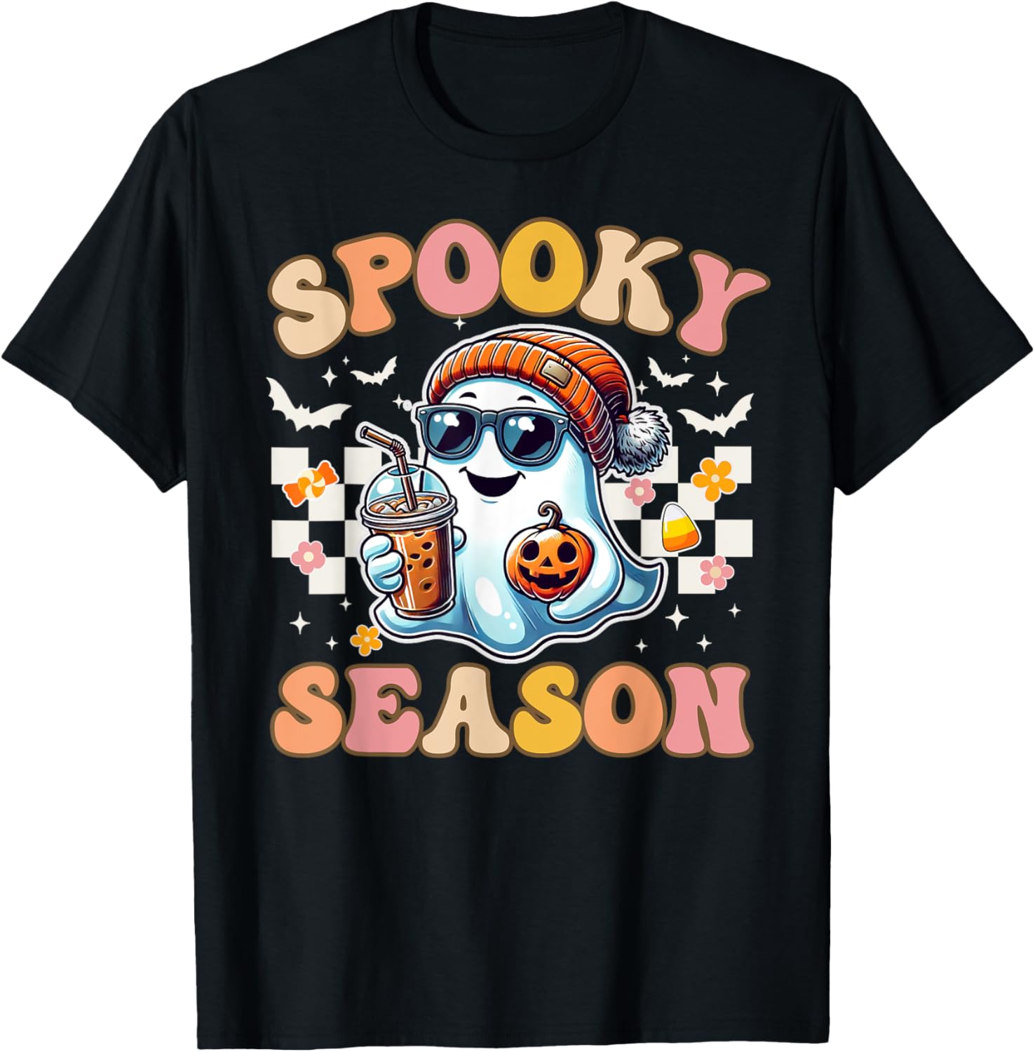 Groovy Spooky Season With Cute Ghost Retro Halloween Vibes T-Shirt