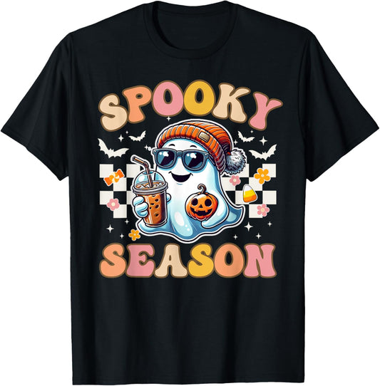 Groovy Spooky Season With Cute Ghost Retro Halloween Vibes T-Shirt