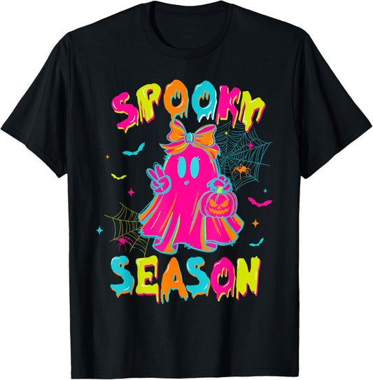 Halloween Boo Ghost Spooky Season Girl Women Coquette Bow T-Shirt