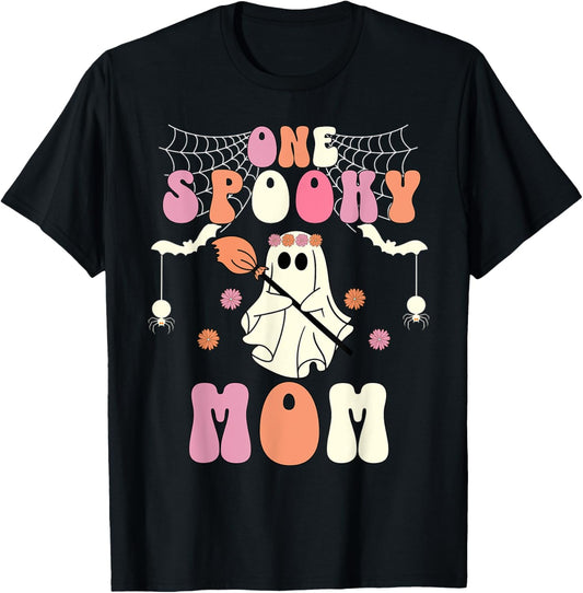 Groovy One Spooky Mom Retro Halloween Ghost One Spooky Mom T-Shirt