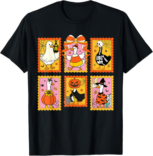 Halloween Stamp Goose Ghost Cute Spooky Season Vintage Funny T-Shirt