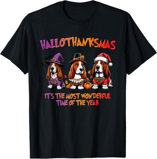Basset Hound Halloween Thanksgiving Christmas Men Women Kid T-Shirt