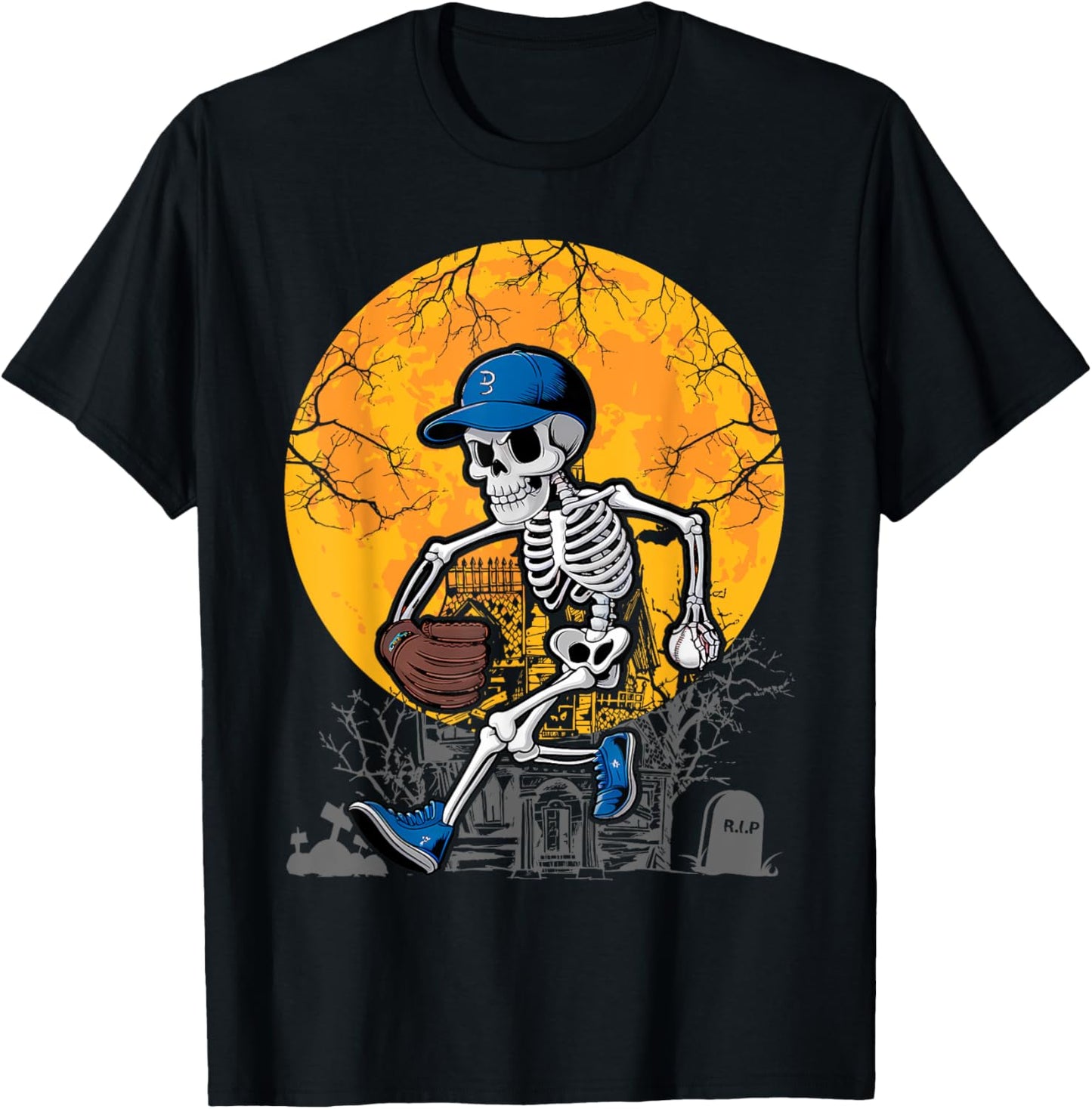 Baseball Skeleton Halloween Men Boys Baseball Spooky Season T-Shirt
