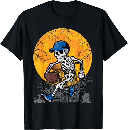 Baseball Skeleton Halloween Men Boys Baseball Spooky Season T-Shirt