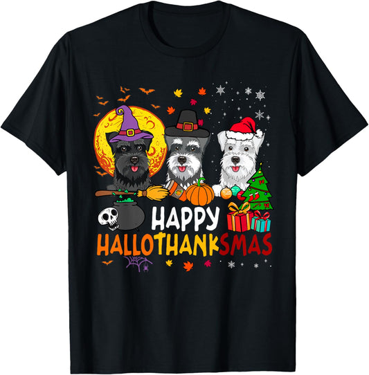 Hallothanksmas Schnauzer Dog Halloween Thanksgiving Xmas T-Shirt