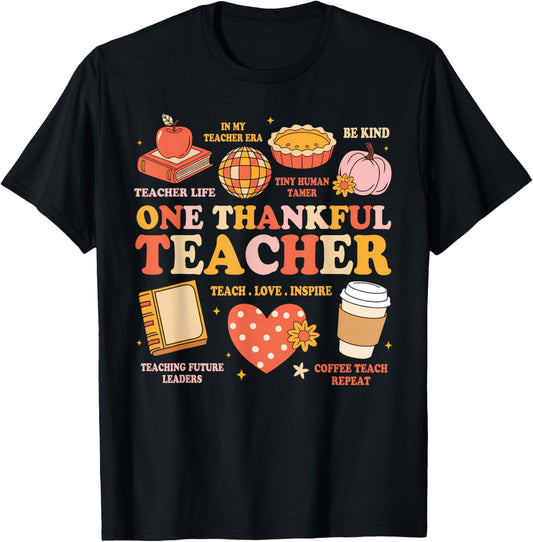 Groovy Teacher Thanksgiving Women One Thankful Teacher Fall T-Shirt